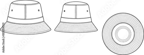 Black and white line art bucket hat front side and top views headwear fashion