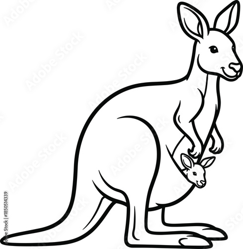 Black and white line art illustration of a kangaroo with joey in pouch baby marsupial