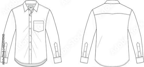 Black and white line drawing of a long sleeve button down shirt front and back clothing apparel
