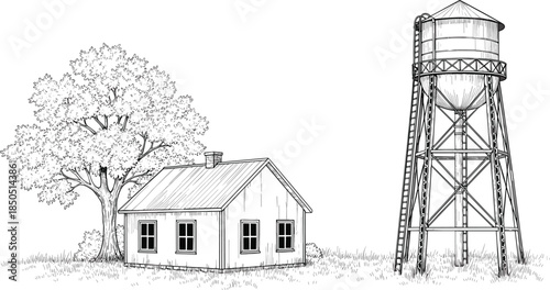 Black and white line drawing of a rural scene with a small house and water tower illustration countryside