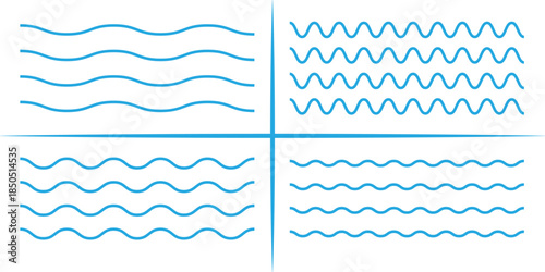 Sea wave icon set. Set of thin line waves. Various wave water lake river. Water logo, line ocean symbol in vector flat style. Zigzag line. Water logo, symbol vector collection.
