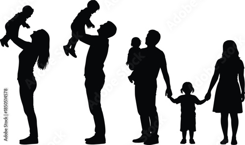 Black silhouettes of families with children on white background family baby