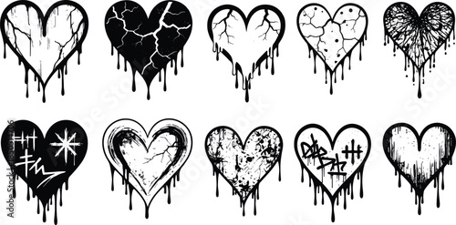 Collection of black dripping broken heart illustrations with grunge textures and graffiti white