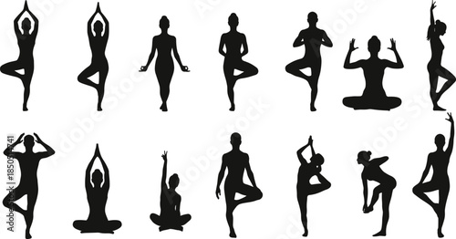 Collection of black human silhouettes performing various yoga poses figure