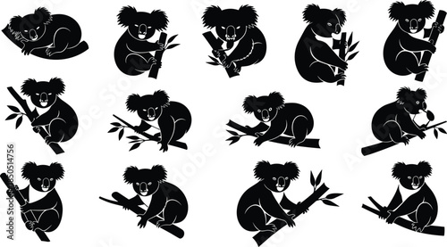 Collection of black koala silhouettes on branches white animal