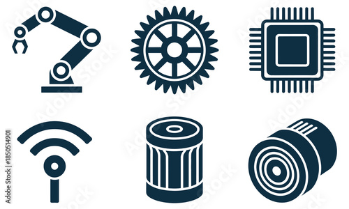 Set of industrial and technology icons robotic arm gear CPU chip wifi signal cylinder and hay bale