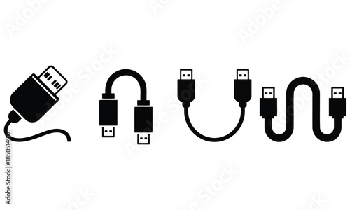Set of USB connection cables various types and lengths including short coiled and long wavy