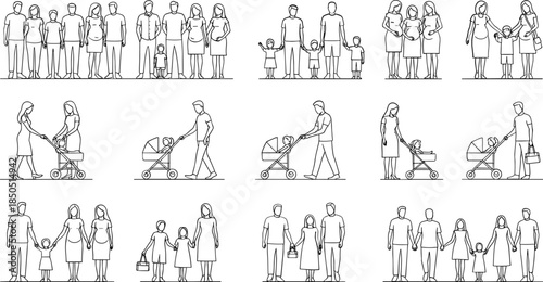 Diverse family groups and individuals with strollers in line art people illustration