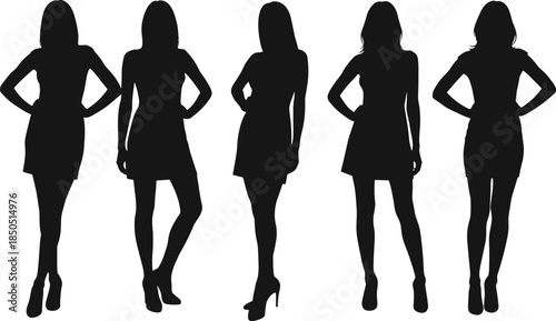 Five black female silhouettes in dresses and high heels on white background woman person