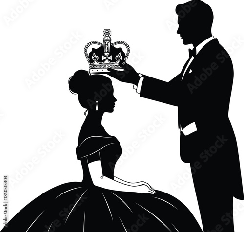 Man in tuxedo places crown on woman in ball gown silhouette vector