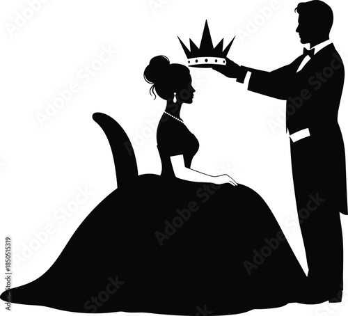 Man places crown on woman wearing formal gown and pearls silhouette king