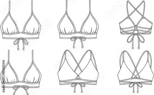 Six line art bikini tops with tie closures and adjustable straps swimwear illustration