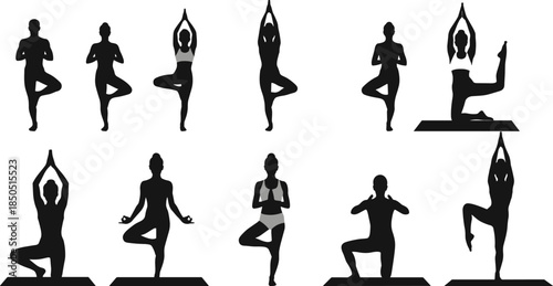 Ten Black Silhouettes of People in Yoga Poses on White Background person woman