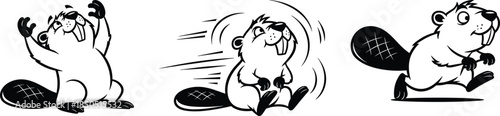 Three cartoon beavers in different poses waving running and sitting animal wildlife