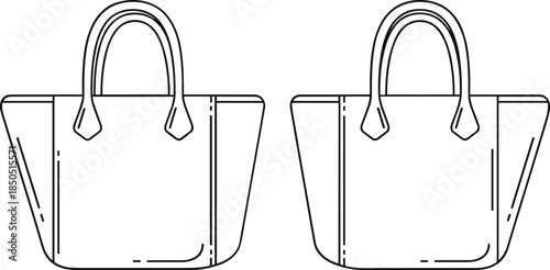 Two black outline tote bags with handles on white background handbag purse