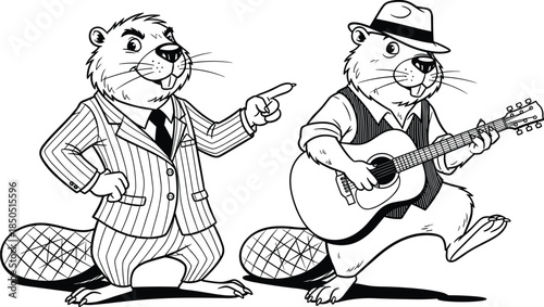 Two cartoon beavers one in a pinstripe suit pointing the other playing guitar animal illustration