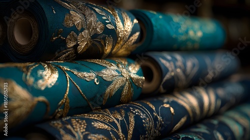 Rolls of luxurious teal and gold floral patterned wallpaper stacked.