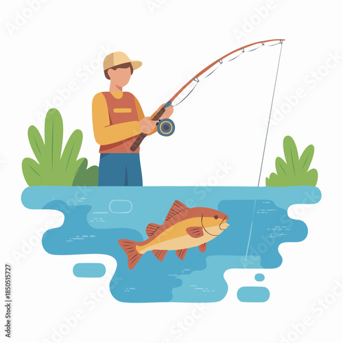 Fisherman with rod catching fish. Outdoor leisure activity illustration.