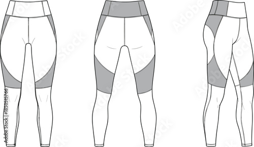 Womens athletic leggings front back side views flat sketch athletic wear activewear