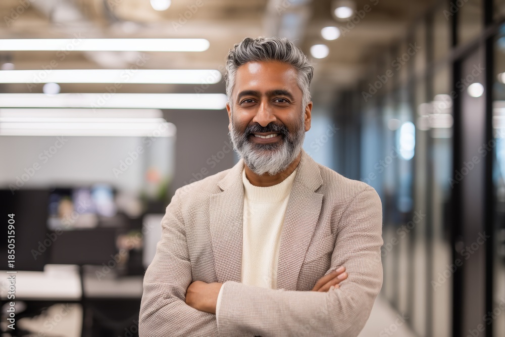 Obraz premium Confident Indian Mature Businessman Standing in Modern Office