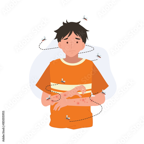 mosquito bite allergy and insect borne disease concept with scratching man illustration