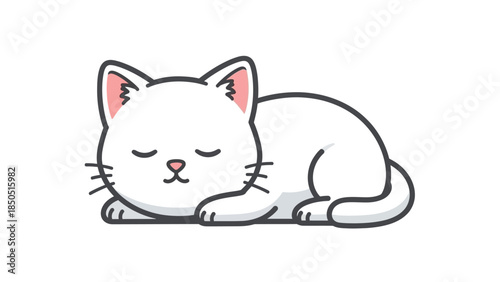 A cute white cartoon cat sleeping peacefully with closed eyes on a plain white background.