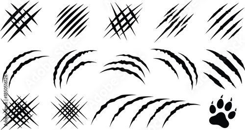 Animal claw scratch marks and paw print silhouettes set, aggressive attack slashes and damage symbols isolated on white background