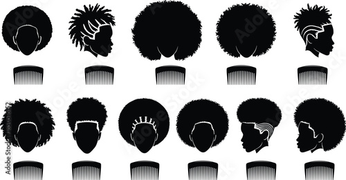 Afro hairstyle silhouettes collection with natural curly hair shapes, textured volume styles and comb icons isolated on white background