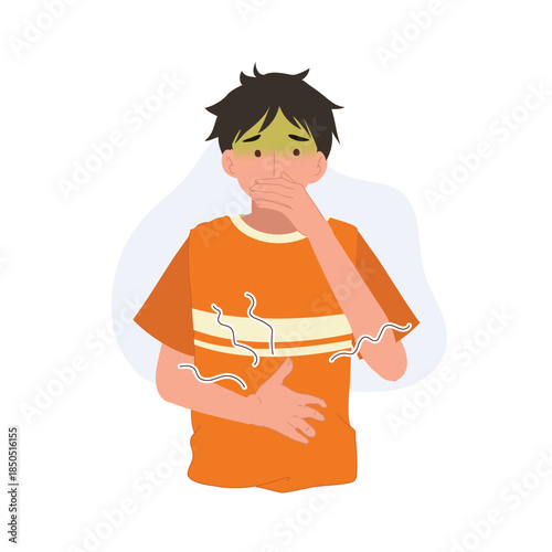 a young man feeling nausea and stomach pain with illness. symptoms and healthcare concept.