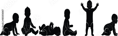 Baby growth stages silhouette illustration showing infant development from crawling and sitting to standing, representing early childhood milestones in minimalist black design