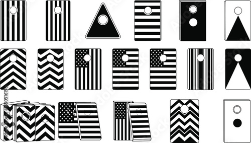 Black and white cornhole board silhouette collection with striped, chevron, and American flag designs for outdoor game illustration use