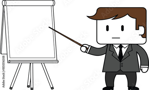 Business Presentation Cartoon Illustration of Professional Man in Suit Pointing at Blank Flip Chart Board Vector