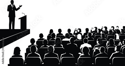 Business speaker addressing large audience at conference hall podium, leadership presentation concept with crowd listening in professional seminar silhouette scene