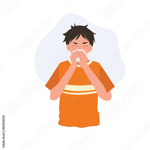 sneezing sick man blowing nose with tissue. cold flu and allergy health concept
