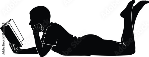 Child reading book while lying on floor silhouette education imagination learning concept isolated on white background illustration