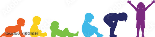 Child growth stages illustration showing colorful silhouettes from crawling baby to standing child representing development, learning, and childhood milestones concept