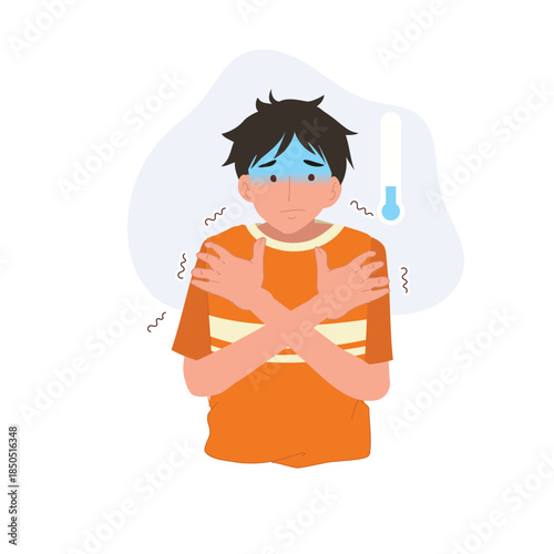 a man shivering, arms crossed, cold temperature. health symptom weather and seasonal illness concept