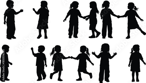 Children playing silhouette set illustration showing happy kids holding hands, walking, waving, and interacting together in playful activities
