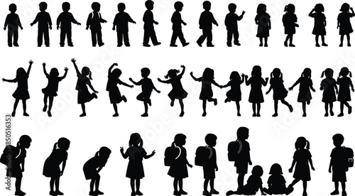 Children Silhouette Collection Showing Boys and Girls in Various Poses, Playing, Walking, Standing, and School Activities on White Background
