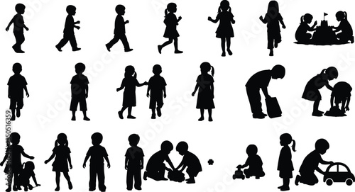 Children silhouettes collection showing daily activities play learning and growth isolated on white background illustrating childhood development and behavior