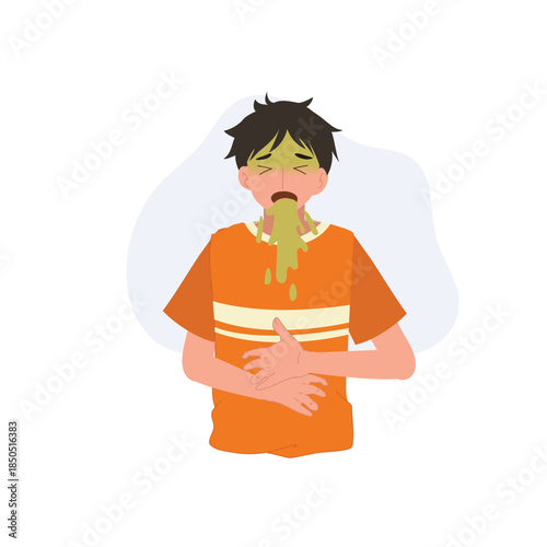 vomiting and nausea concept. sick young man with stomach pain food poisoning and illness.