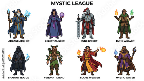 Mystic League Characters Heroes and Villains in a Fantasy Adventure Scene