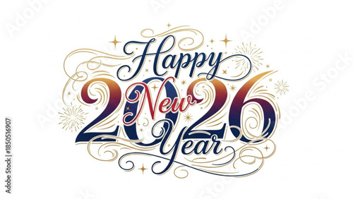 Vibrant happy new year 2026 celebration with swirling designs and fireworks