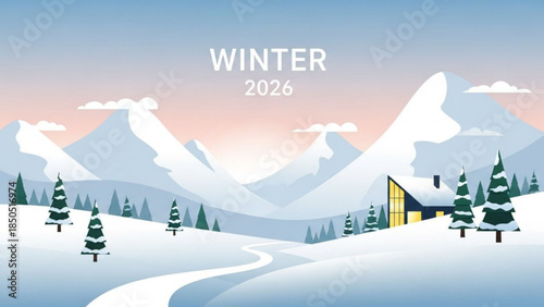 Snowy mountain landscape with house and trees winter 2026 scene