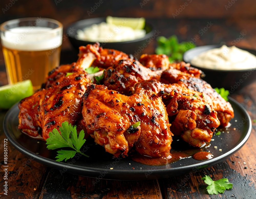 Fototapeta premium Glazed chicken wings on a black plate with lime and beer on a rustic wood table