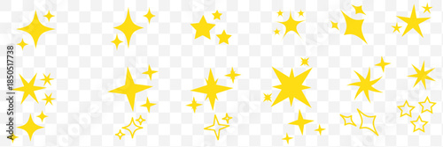 Collection of different vector sparkling stars icon, decorative twinkle and bursts forms, abstract shining flash symbols, glowing light effect, y2k style basic shapes geometric graphic elements