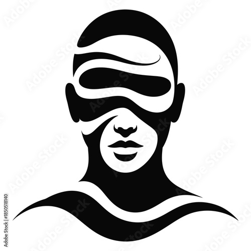 Abstract human face logo with wavy lines, modern minimalist design of a head silhouette, stylish emblem for a creative brand or psychological concept, black and white artwork
