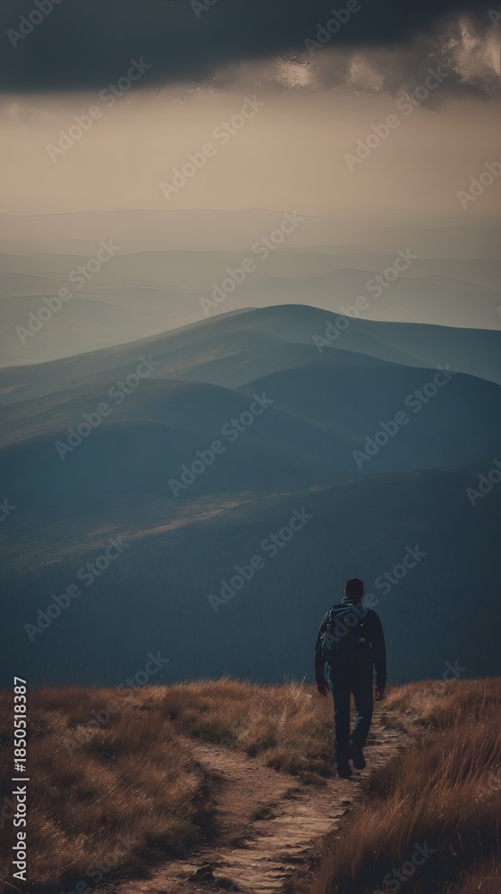 Obraz premium footstep. Lone traveler with backpack on narrow misty mountain trail. tourism brochures, itinerary planners, destination guides, designed for travel destination branding, used by travel agents.