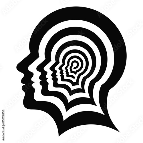 Abstract human head profile with multiple concentric silhouettes, modern minimalist design symbolizing consciousness or psychological growth, black and white artwork, mental health concept
