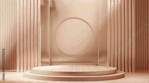 A minimalist stage design featuring a circular backdrop and textured flooring.